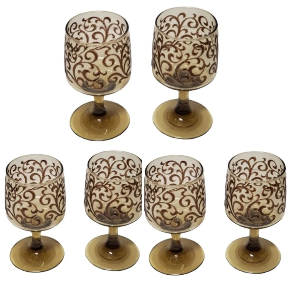 Vintage Prado Brown Libbey Glass Co Brown Raised Swirl Tawny Smoked Set‎ of 6